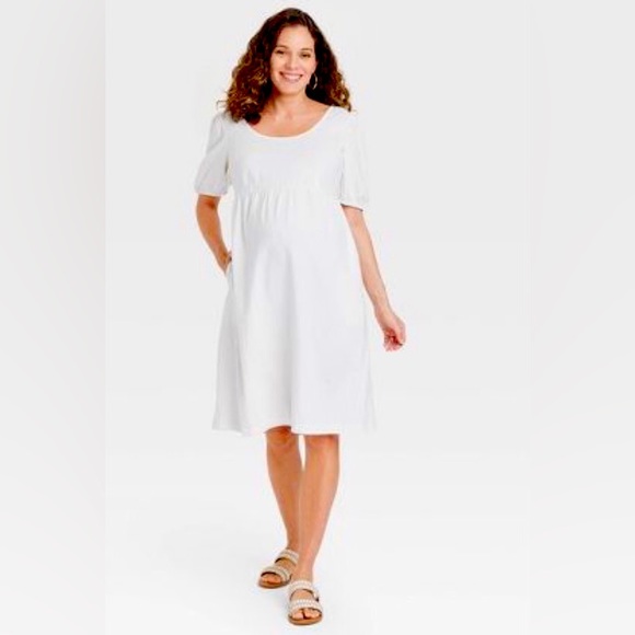 Isabel. Linen, short puff sleeve breathable dress. Maternity. - Picture 1 of 4